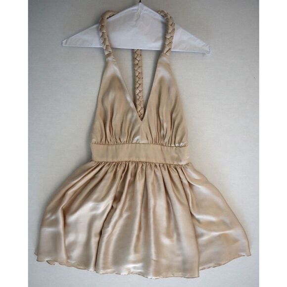 Rae Francis Women's Sz 2 (XS) Taupe Satin Braided Back Reese Mini Dress $198+ - Picture 6 of 9